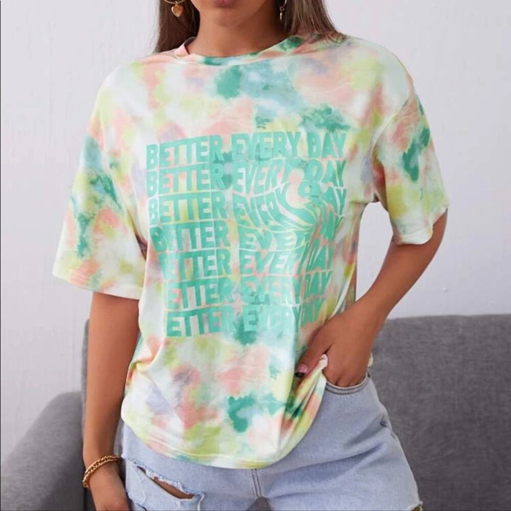NEW SHEIN Pink Green White Tie Dye Slogan Screen Print Graphic Tee Shirt Top S